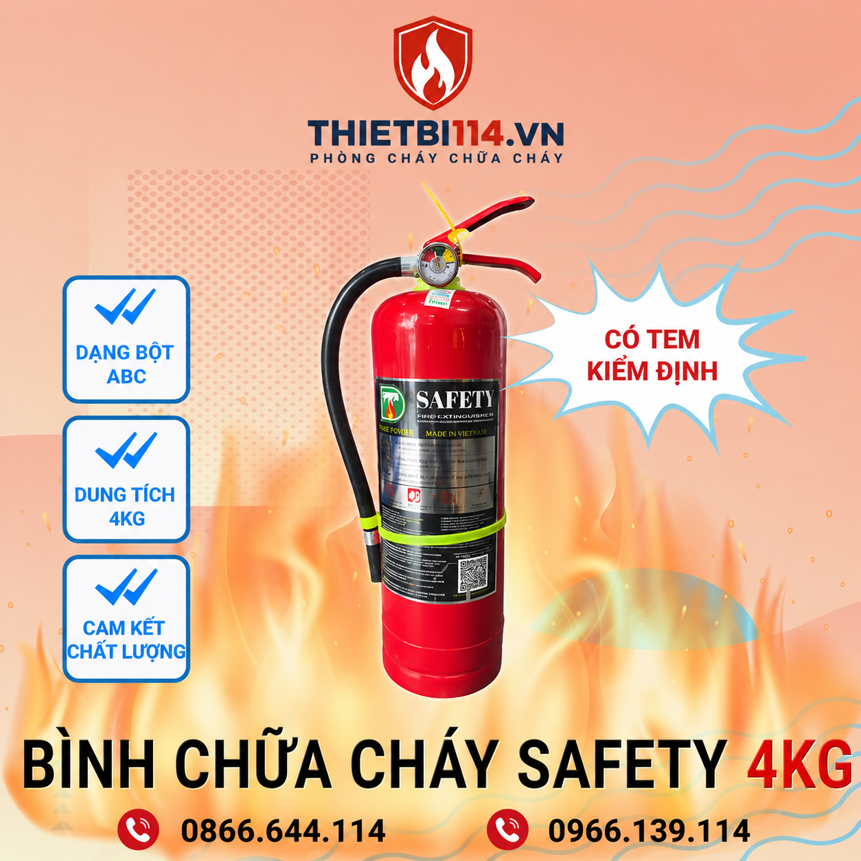Bình chữa cháy Safety ABC 4kg + Tem kiểm định