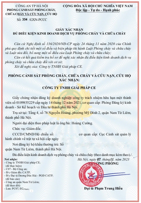 Giấy xác nhận đủ điều kiện kinh doanh dịch vụ phòng cháy chữa cháy số 354/GXN-PCCC do Phòng Cảnh sát PCCC và CNCH – Công an TP Hà Nội cấp