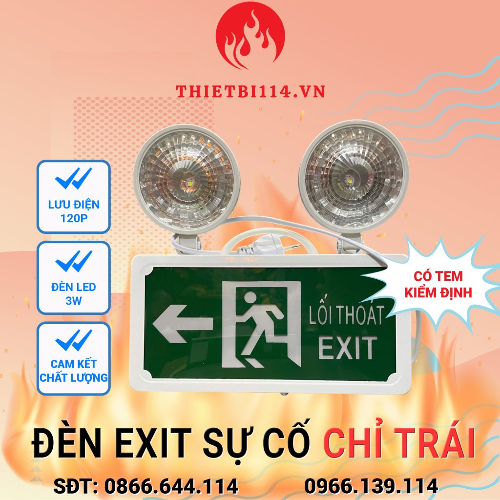 Đèn Exit kết hợp Sự cố chỉ hướng Trái + Tem kiểm định