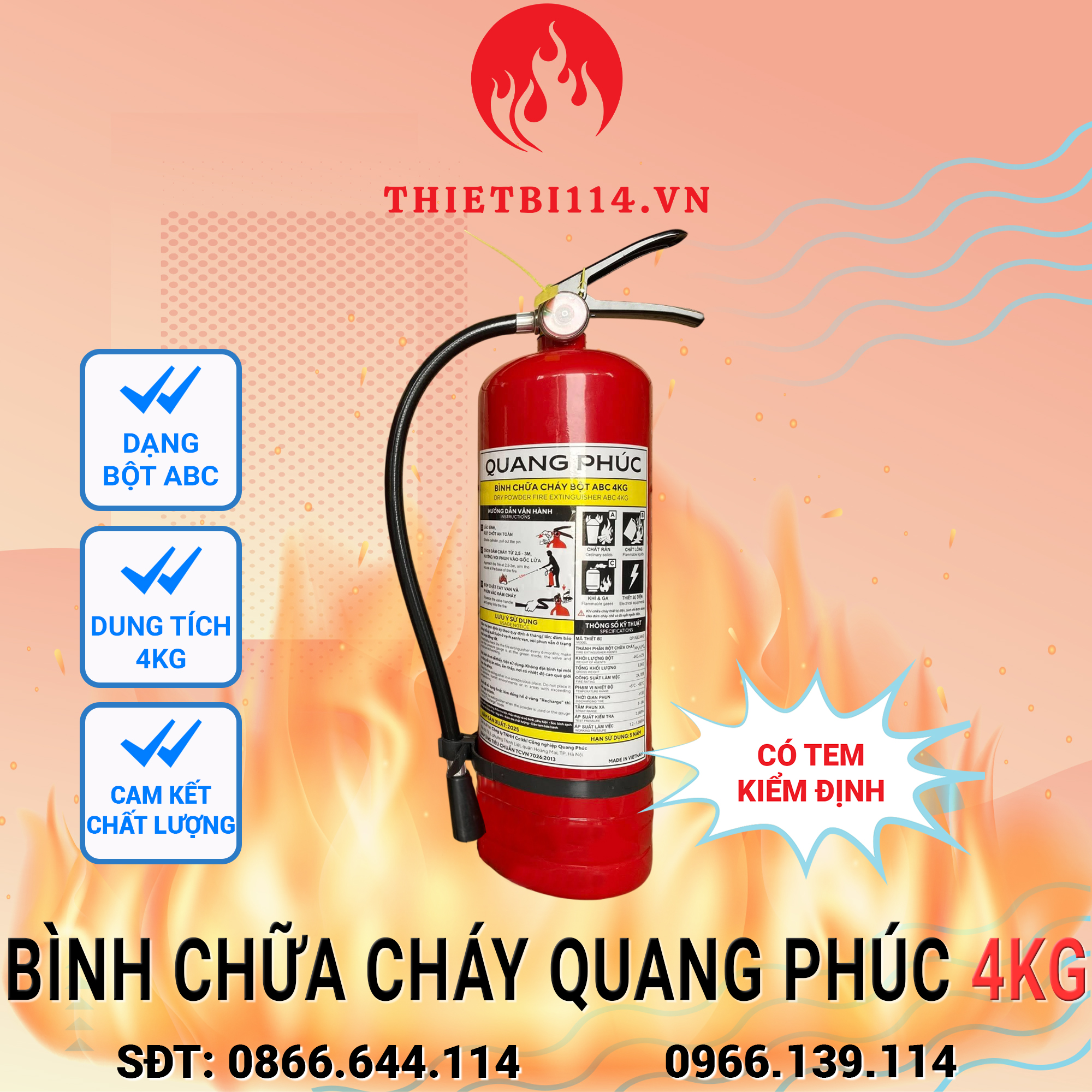 Bình chữa cháy Quang Phúc ABC 4kg + Tem kiểm định