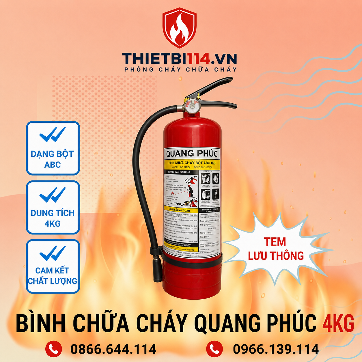Bình chữa cháy Quang Phúc ABC 4kg + Tem lưu thông