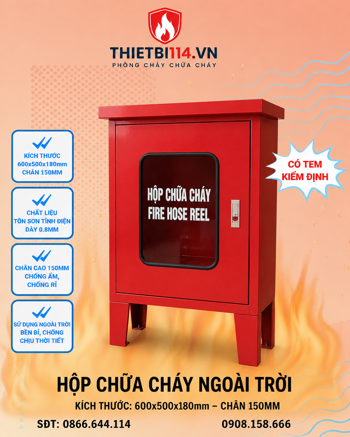 CHộp chữa cháy ngoài trời 600x500x180mm chân 150 Hộp chữa cháy ngoài trời 600x500x180mm chân 150