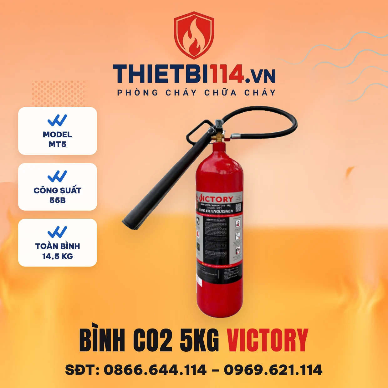 Bình chữa cháy CO2 5kg Victory (MT5) Bình chữa cháy khí CO2 5kg Victory MT5 công suất 55B