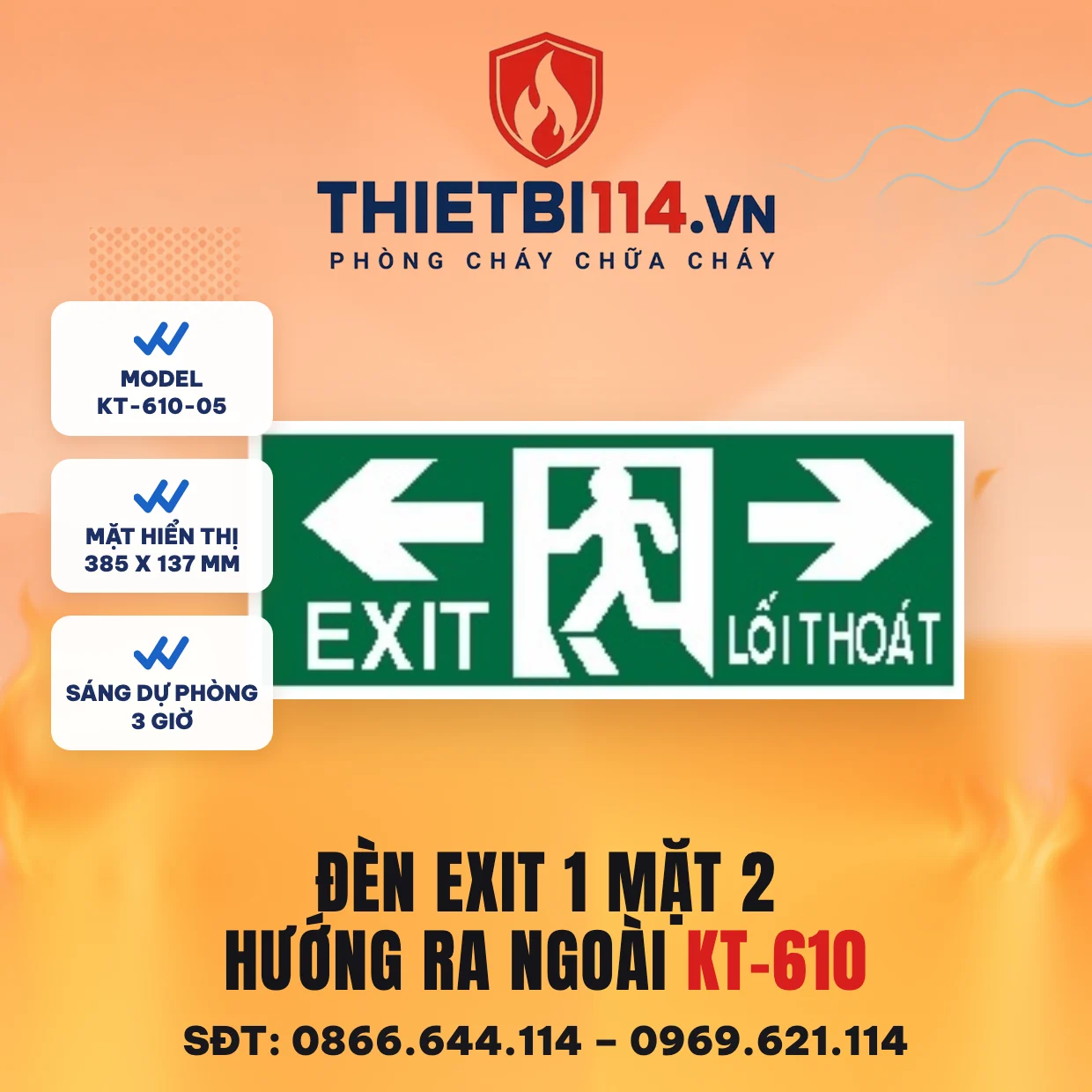 Đèn exit 1 mặt 2 hướng ra ngoài Kentom KT-610-05 Đèn exit 1 mặt Kentom KT-610-05 2 hướng ra ngoài, mặt hiển thị 38,5x13,7cm, LED 3W, sáng dự phòng 3 giờ
