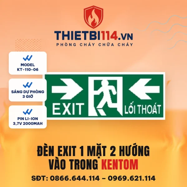 Đèn exit 1 mặt Kentom KT-110-06 2 hướng vào trong, LED 3W, sáng dự phòng 3 giờ