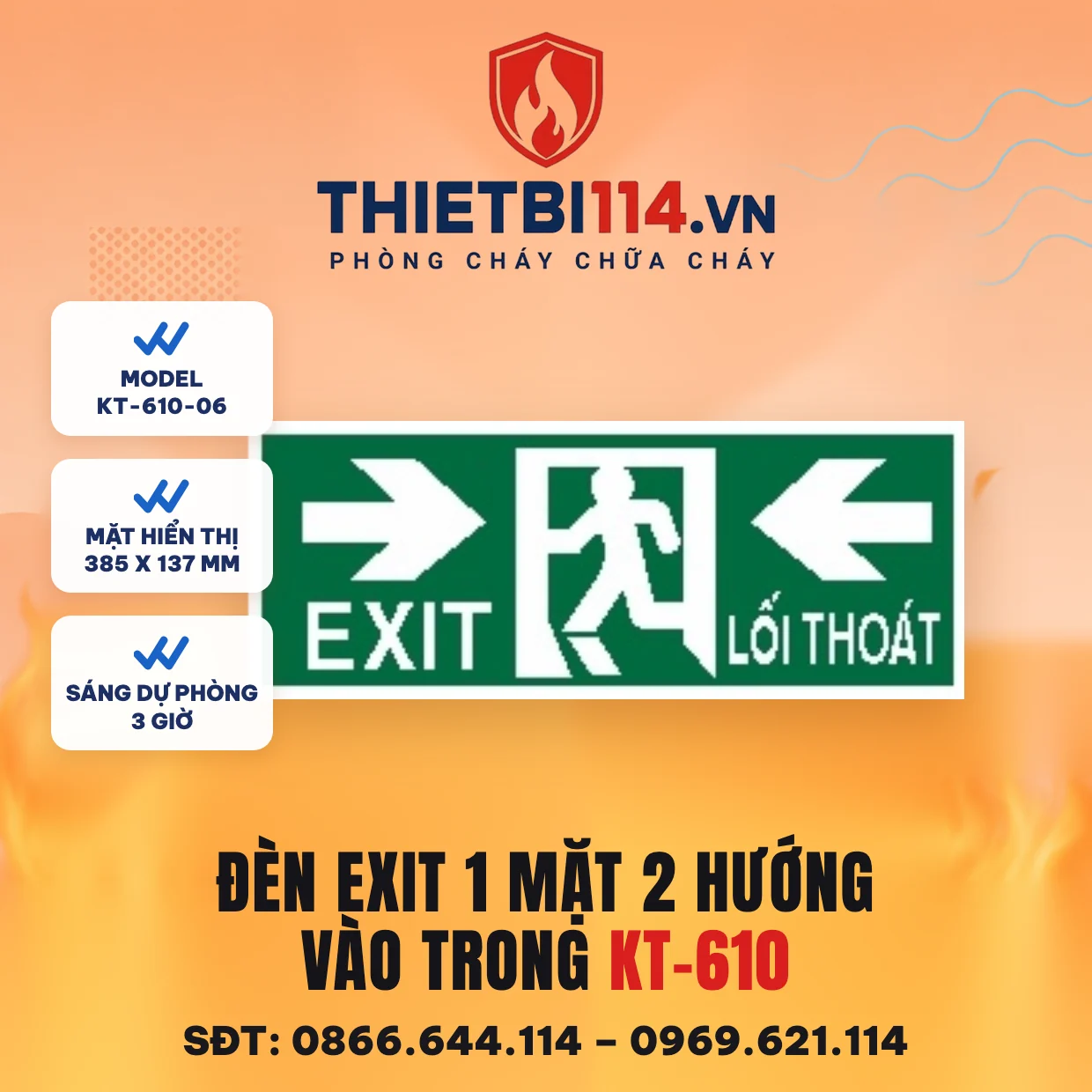Đèn exit 1 mặt 2 hướng vào trong Kentom KT-610-06 Đèn exit 1 mặt Kentom KT-610-06 2 hướng vào trong, mặt hiển thị 38,5x13,7cm, LED 3W, sáng dự phòng 3 giờ