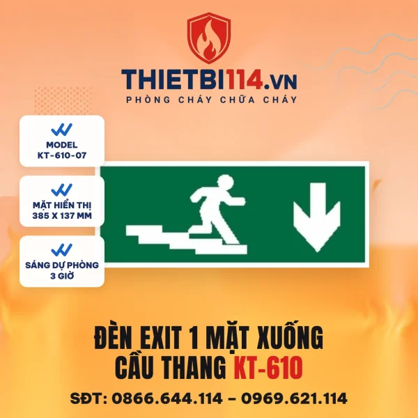 Đèn exit 1 mặt Kentom KT-610-07 xuống cầu thang, mặt hiển thị 38,5x13,7cm, LED 3W, sáng dự phòng 3 giờ