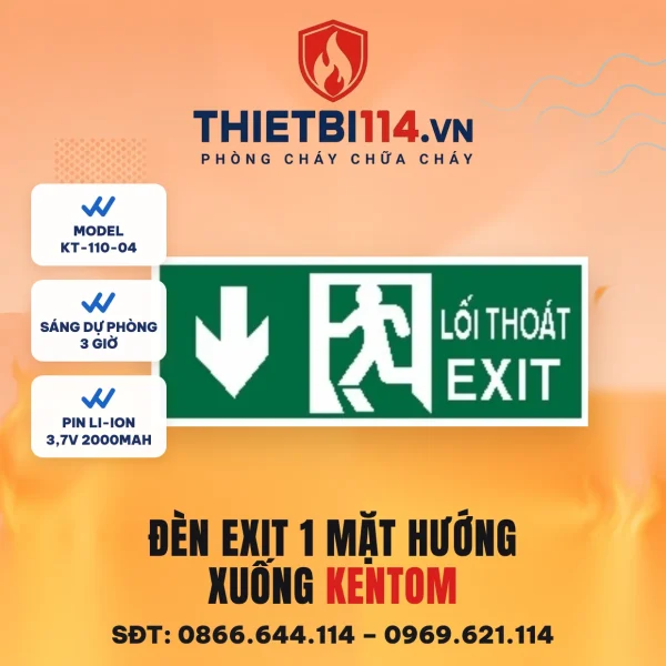 Đèn exit 1 mặt Kentom KT-110-04 hướng xuống, LED 3W, sáng dự phòng 3 giờ