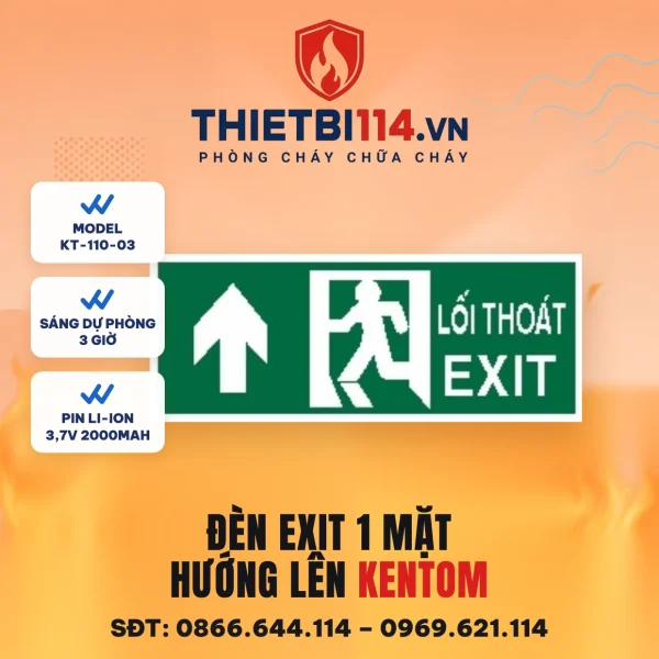 Đèn exit 1 mặt Kentom KT-110-03 hướng lên, LED 3W, sáng dự phòng 3 giờ