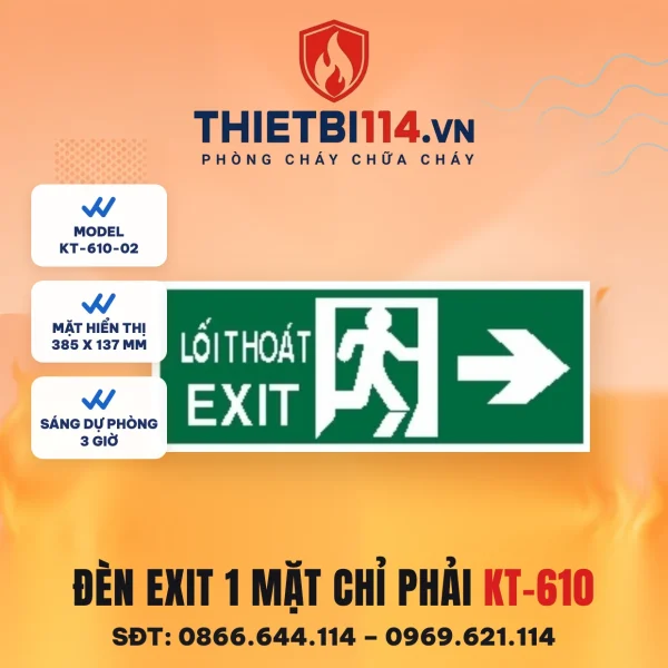 Đèn exit 1 mặt Kentom KT-610-02 chỉ phải, mặt hiển thị 38,5x13,7cm, LED 3W, sáng dự phòng 3 giờ