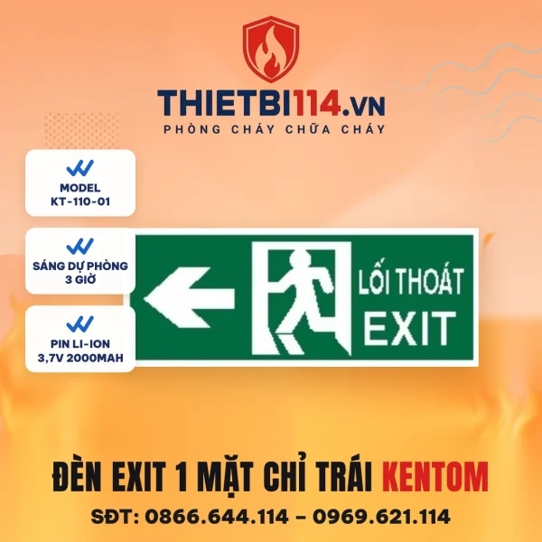 Đèn exit 1 mặt Kentom KT-110-01 chỉ trái, LED 3W, sáng dự phòng 3 giờ