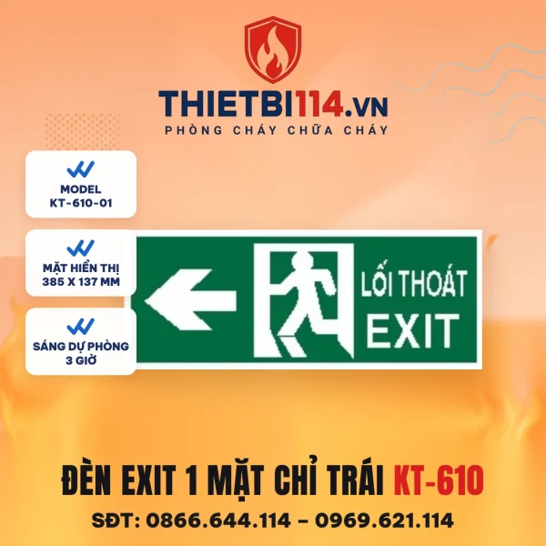 Đèn exit 1 mặt Kentom KT-610-01 chỉ trái, mặt hiển thị 38,5x13,7cm, LED 3W, sáng dự phòng 3 giờ