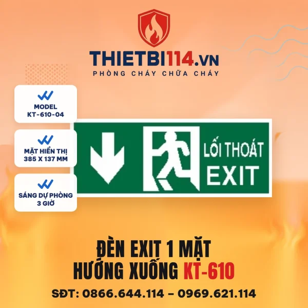 Đèn exit 1 mặt Kentom KT-610-04 hướng xuống, mặt hiển thị 38,5x13,7cm, LED 3W, sáng dự phòng 3 giờ