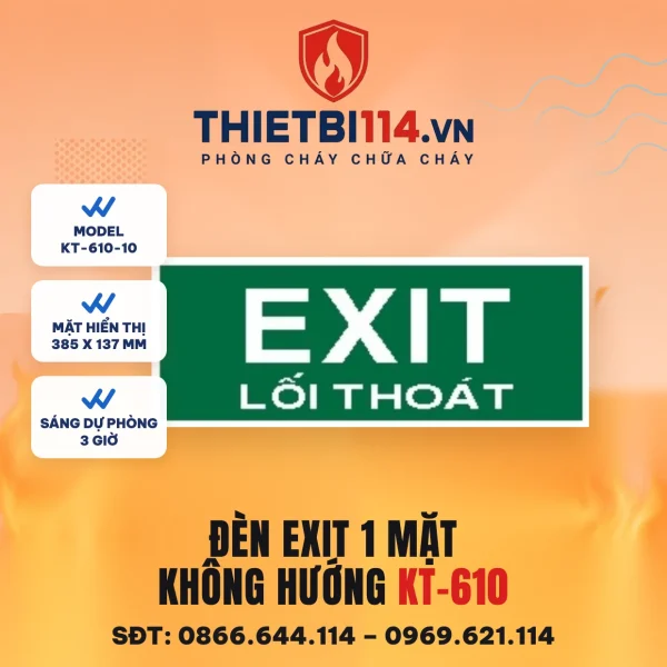Đèn exit 1 mặt Kentom KT-610-10 không hướng, mặt hiển thị 38,5x13,7cm, LED 3W, sáng dự phòng 3 giờ