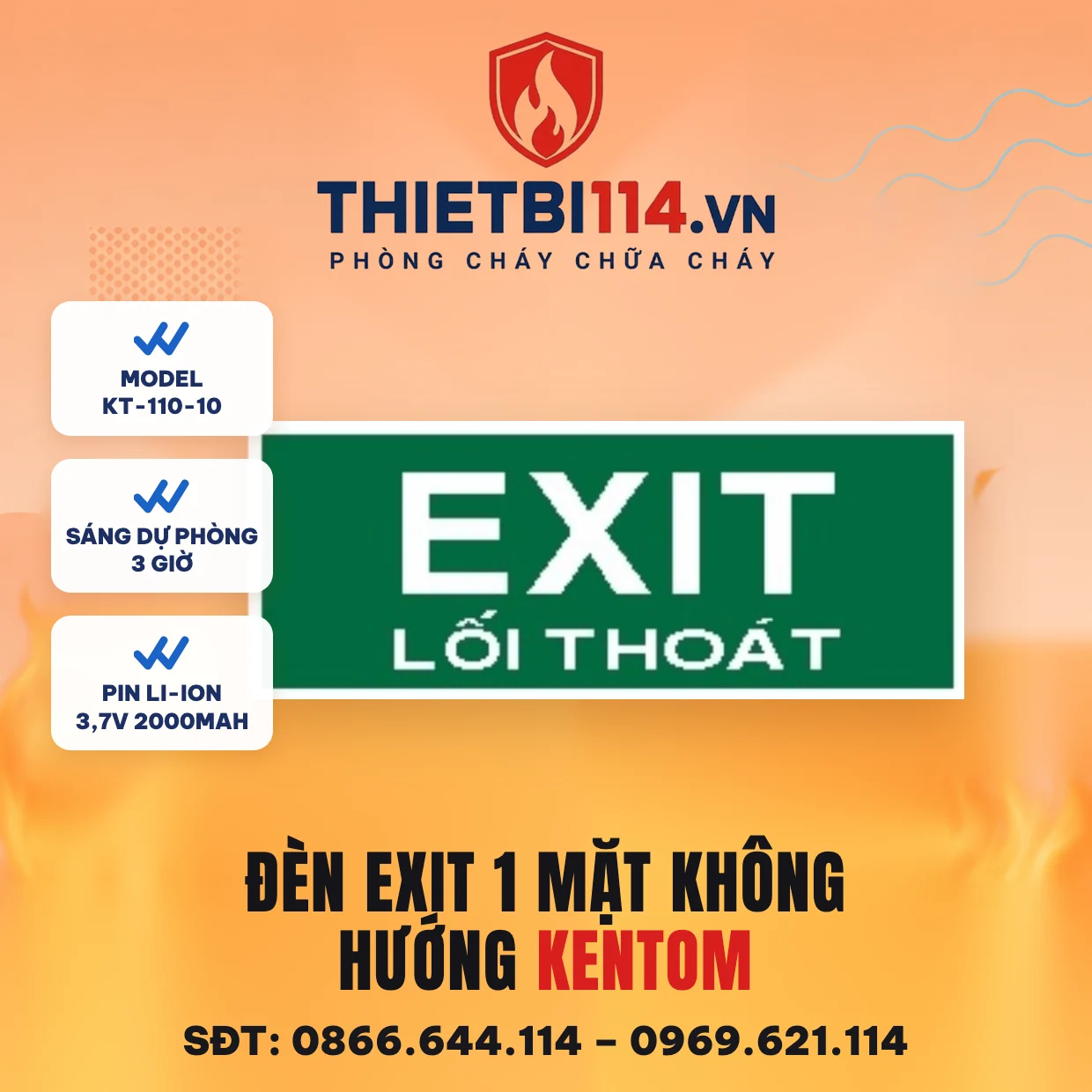 Đèn exit 1 mặt không hướng Kentom KT-110-10 Đèn exit 1 mặt Kentom KT-110-10 không hướng, LED 3W, sáng dự phòng 3 giờ