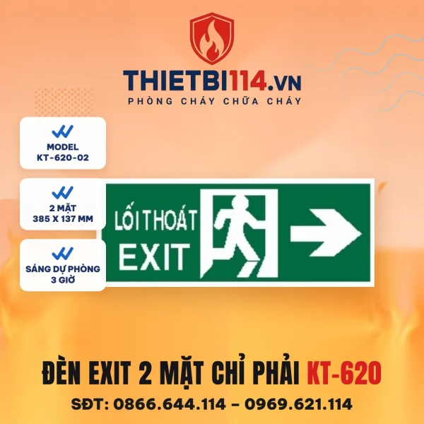 Đèn exit 2 mặt Kentom KT-620-02 chỉ phải, mặt hiển thị 38,5x13,7cm, LED 3W, sáng dự phòng 3 giờ