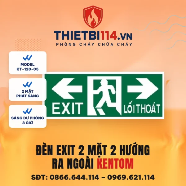 Đèn exit 2 mặt Kentom KT-120-05 2 hướng ra ngoài, LED 3W, sáng dự phòng 3 giờ, đọc được từ hai phía