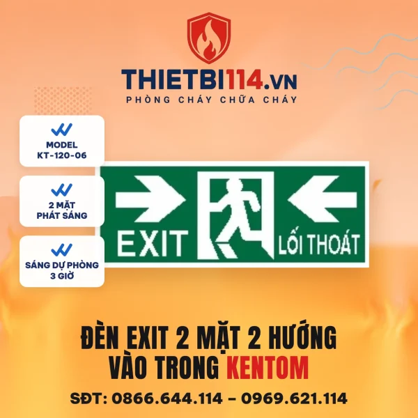 Đèn exit 2 mặt Kentom KT-120-06 2 hướng vào trong, LED 3W, sáng dự phòng 3 giờ, đọc được từ hai phía