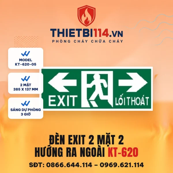 Đèn exit 2 mặt Kentom KT-620-05 2 hướng ra ngoài, mặt hiển thị 38,5x13,7cm, LED 3W, sáng dự phòng 3 giờ