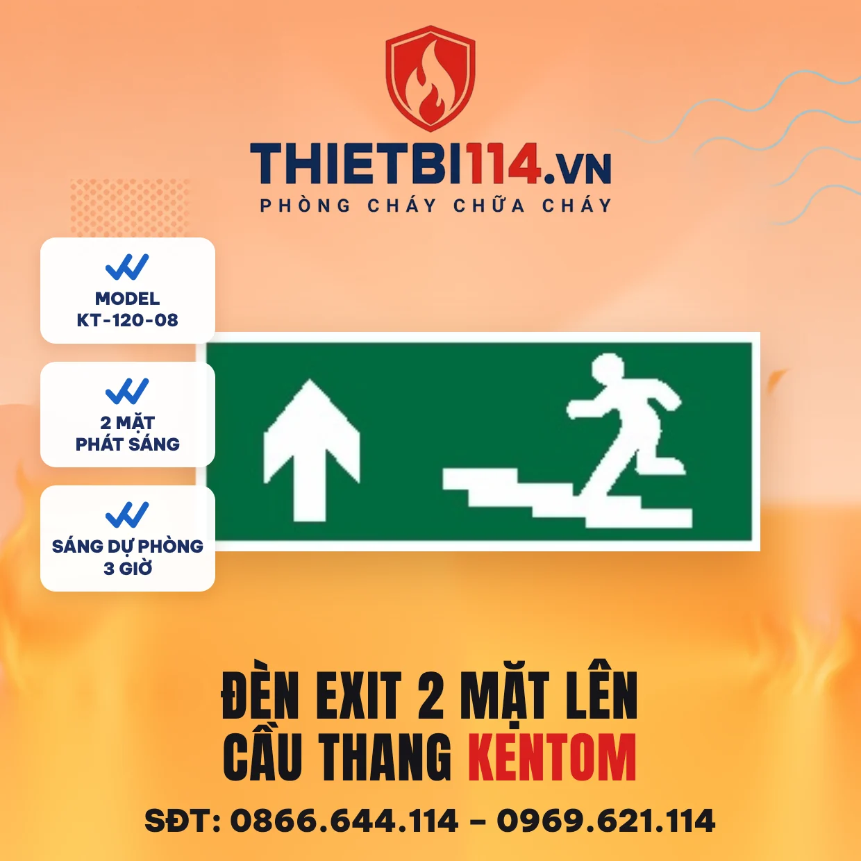 Đèn exit 2 mặt lên cầu thang Kentom KT-120-08 Đèn exit 2 mặt Kentom KT-120-08 lên cầu thang, LED 3W, sáng dự phòng 3 giờ, đọc được từ hai phía