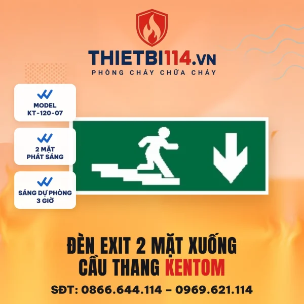 Đèn exit 2 mặt Kentom KT-120-07 xuống cầu thang, LED 3W, sáng dự phòng 3 giờ, đọc được từ hai phía