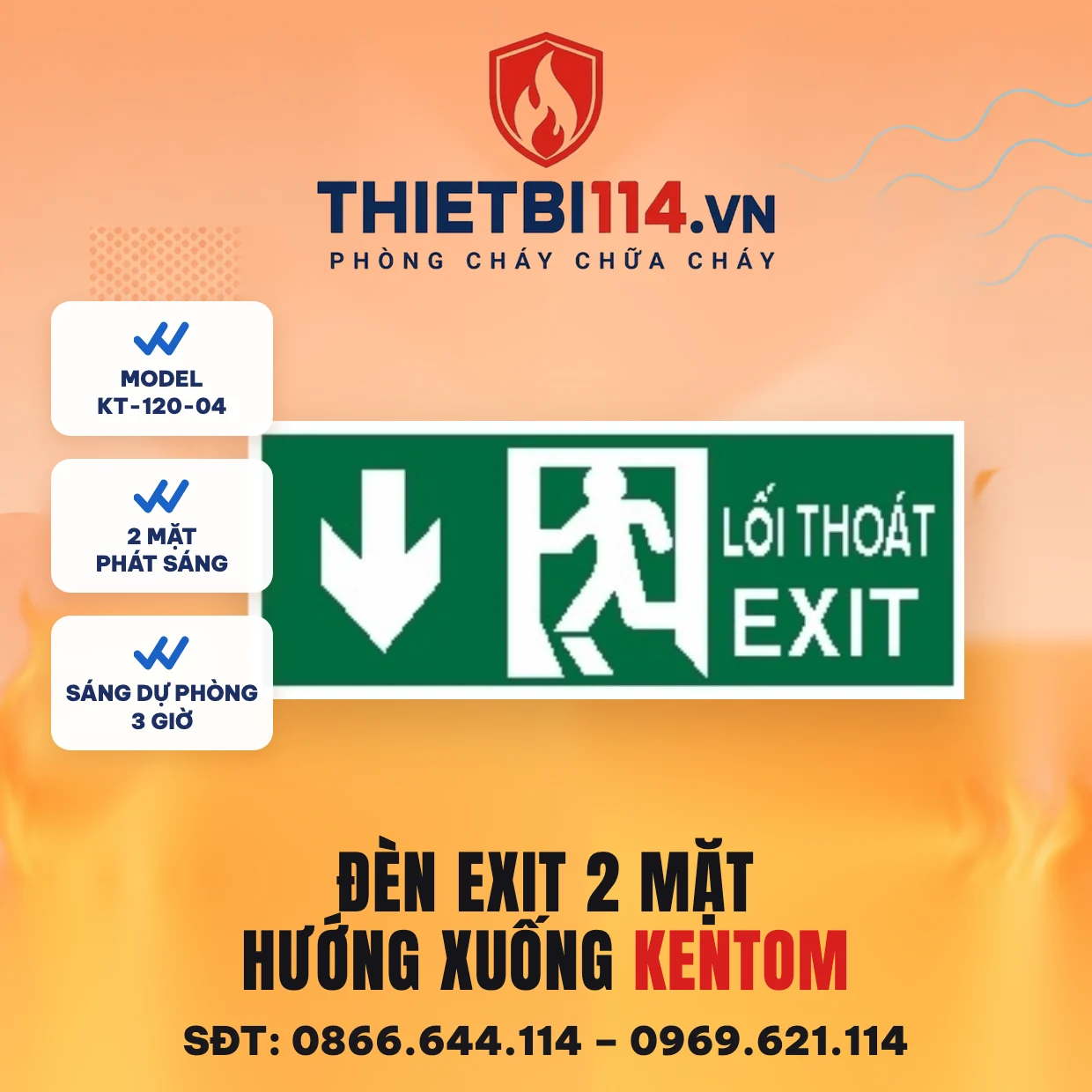 Đèn exit 2 mặt hướng xuống Kentom KT-120-04 Đèn exit 2 mặt Kentom KT-120-04 hướng xuống, LED 3W, sáng dự phòng 3 giờ, đọc được từ hai phía