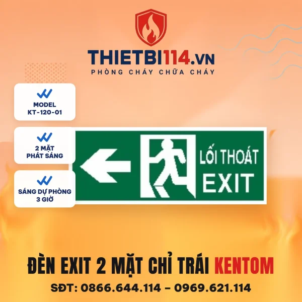 Đèn exit 2 mặt Kentom KT-120-01 chỉ trái, LED 3W, sáng dự phòng 3 giờ, đọc được từ hai phía