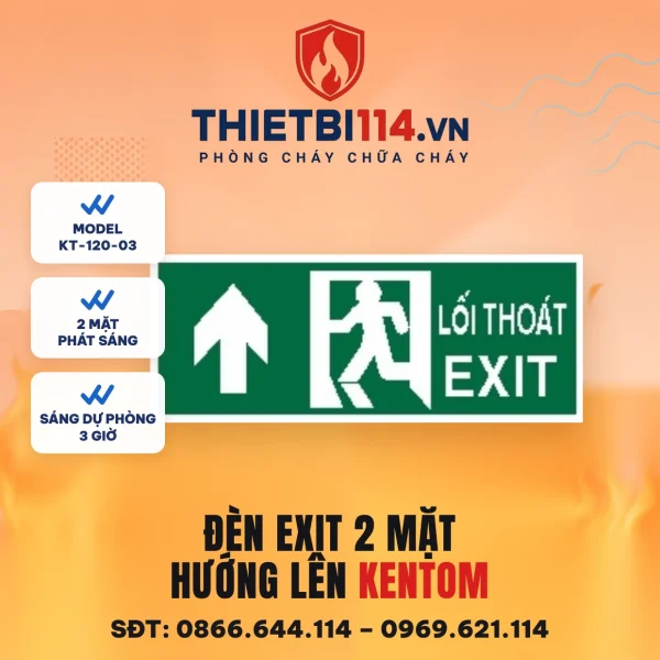 Đèn exit 2 mặt Kentom KT-120-03 hướng lên, LED 3W, sáng dự phòng 3 giờ, đọc được từ hai phía