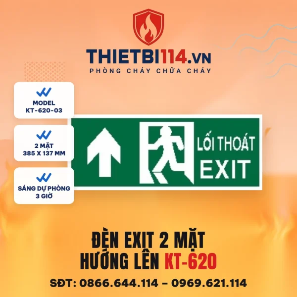 Đèn exit 2 mặt Kentom KT-620-03 hướng lên, mặt hiển thị 38,5x13,7cm, LED 3W, sáng dự phòng 3 giờ