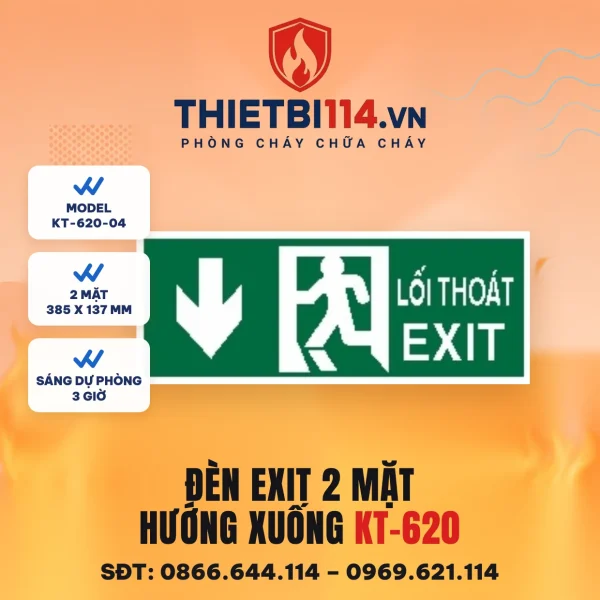 Đèn exit 2 mặt Kentom KT-620-04 hướng xuống, mặt hiển thị 38,5x13,7cm, LED 3W, sáng dự phòng 3 giờ