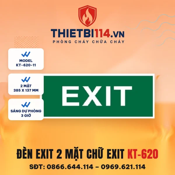 Đèn exit 2 mặt Kentom KT-620-11 chữ EXIT, mặt hiển thị 38,5x13,7cm, LED 3W, sáng dự phòng 3 giờ