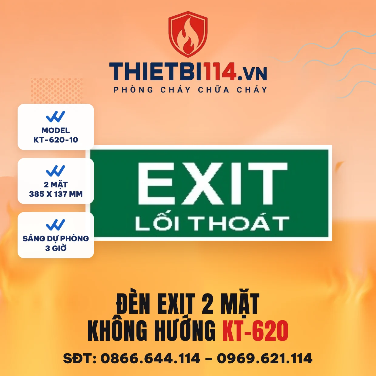 Đèn exit 2 mặt không hướng Kentom KT-620-10 Đèn exit 2 mặt Kentom KT-620-10 không hướng, mặt hiển thị 38,5x13,7cm, LED 3W, sáng dự phòng 3 giờ