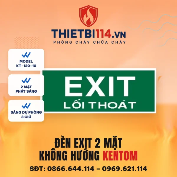 Đèn exit 2 mặt Kentom KT-120-10 không hướng, LED 3W, sáng dự phòng 3 giờ, đọc được từ hai phía