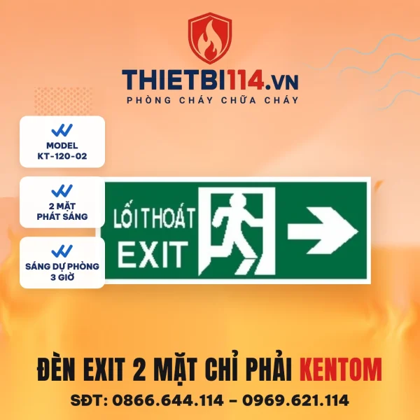 Đèn exit 2 mặt Kentom KT-120-02 chỉ phải, LED 3W, sáng dự phòng 3 giờ, đọc được từ hai phía