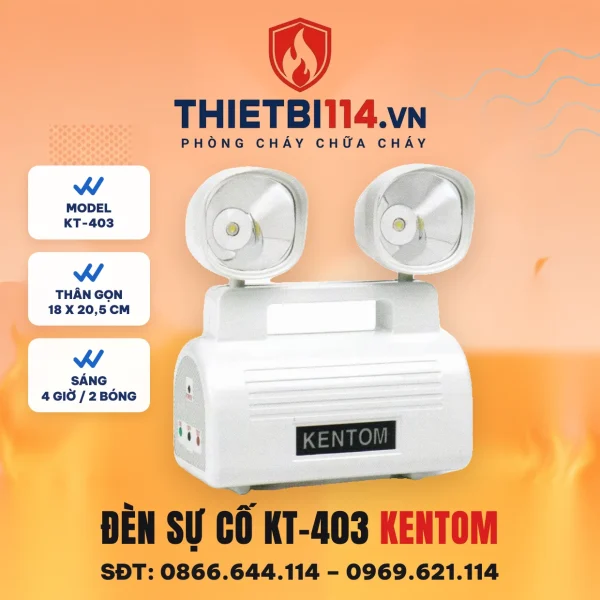 Đèn chiếu sáng sự cố Kentom KT-403 hai bóng LED 3W, thân gọn 18 x 20,5 cm, ắc quy khô 6V 5Ah