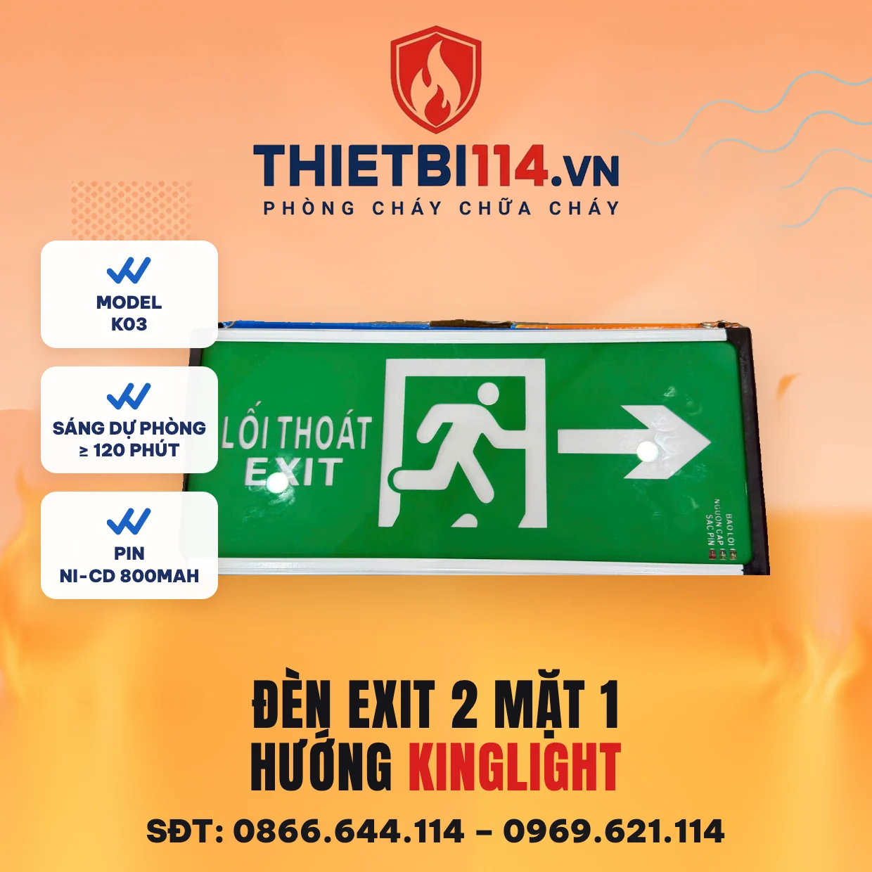 Đèn exit 2 mặt chỉ 1 hướng Kinglight (K03) Đèn exit 2 mặt chỉ 1 hướng Kinglight K03 mũi tên chỉ phải, sáng dự phòng 120 phút