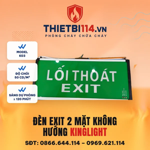 Đèn exit 2 mặt không hướng Kinglight K03 chữ LỐI THOÁT EXIT, độ chói 50 cd/m²