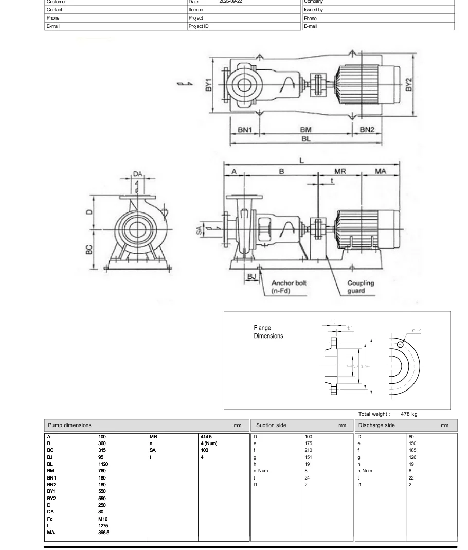 Bản vẽ kích thước cụm Ebara 100×80 FSJA ghép mô-tơ 45 kW trên bệ