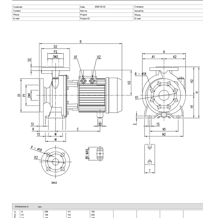Bản vẽ kích thước Ebara 3D 65-160/11 theo datasheet