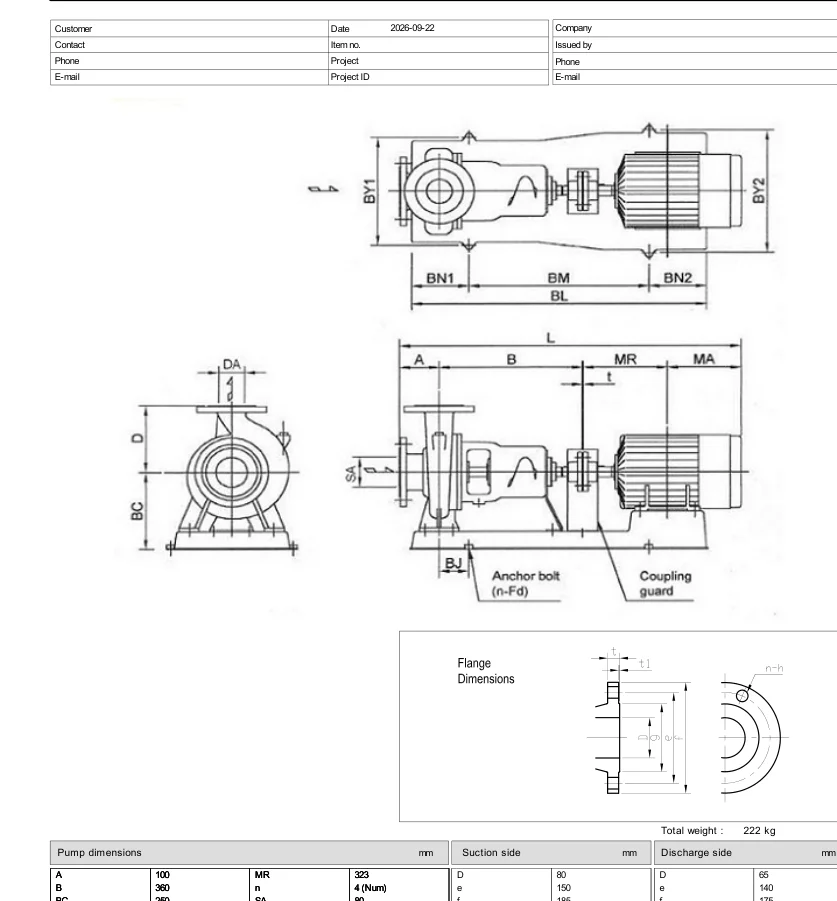 Bản vẽ kích thước Ebara 80×65 FSHA theo datasheet