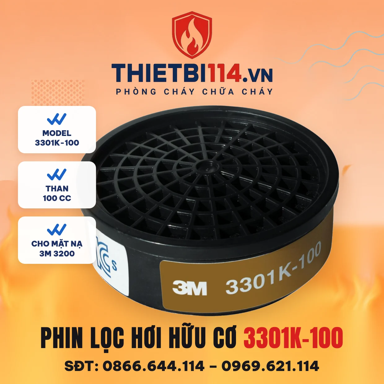 Phin lọc hơi hữu cơ 3M 3301K-100 dung tích than 100cc Phin lọc hơi hữu cơ 3M 3301K-100 dung tích than 100cc