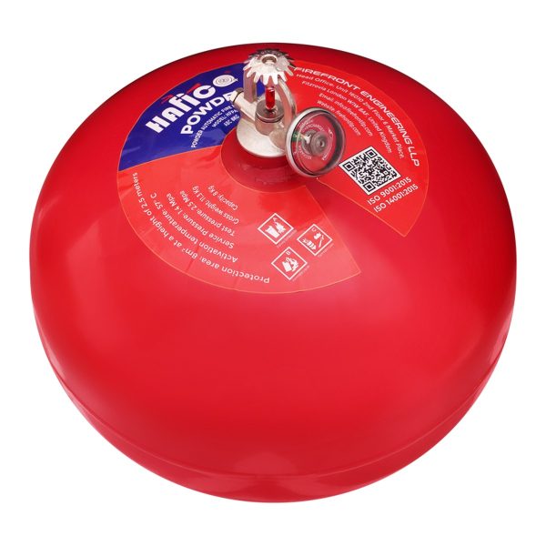 Bình cầu chữa cháy tự động Hafico HFPA8 hình cầu đỏ, nhãn ghi diện tích bảo vệ 8m²