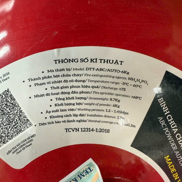 Nhãn thông số bình cầu Safety DTT-ABC/AUTO-6Kg, tiêu chuẩn TCVN 12314-1:2018