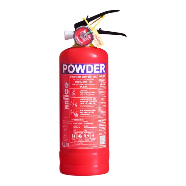Bình chữa cháy bột ABC 1kg Hafico model HFP1, vỏ thép sơn đỏ, nhãn POWDER
