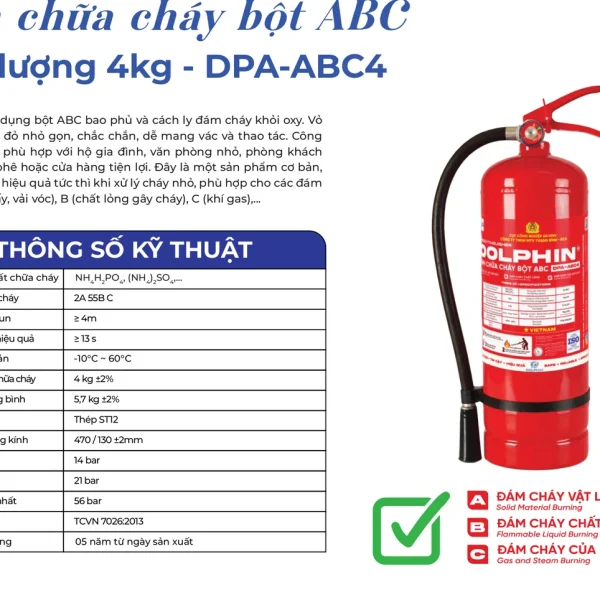 Trang catalogue Dolphin giới thiệu bình chữa cháy bột ABC 4kg Dolphin DPA-ABC4 và bảng thông số kỹ thuật