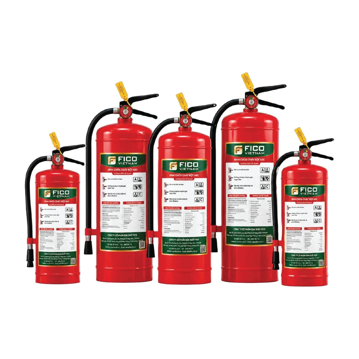 Bình chữa cháy bột ABC 6kg (FC-106-ABC) - Fico có kiểm định/lưu thông Dòng bình bột ABC Fico xách tay các cỡ trên nền trắng – ảnh hồ sơ năng lực 2026