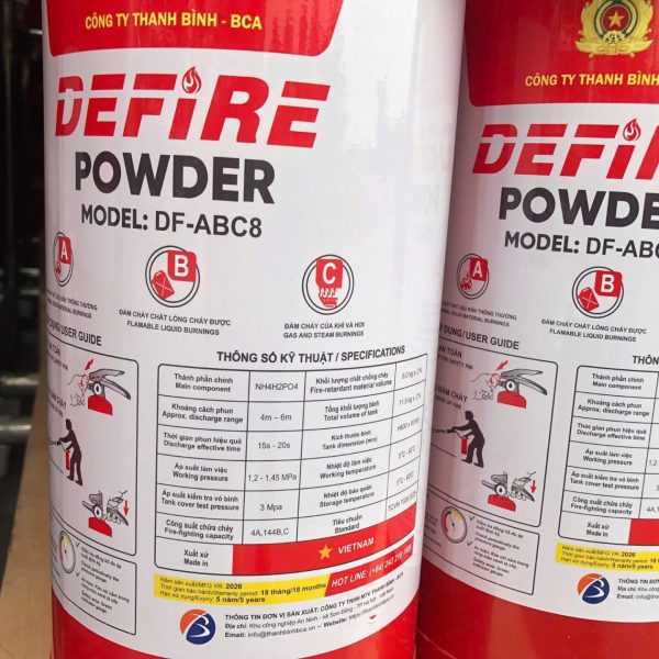Nhãn bình chữa cháy bột ABC 8kg Defire DF-ABC8: thông số kỹ thuật, TCVN 7026:2025, hạn sử dụng 5 năm