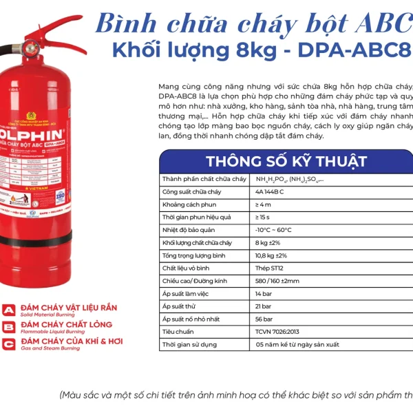 Trang catalogue Dolphin giới thiệu bình chữa cháy bột ABC 8kg Dolphin DPA-ABC8 và bảng thông số kỹ thuật