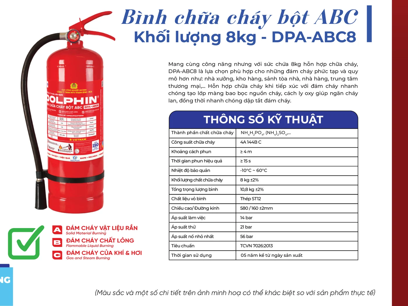 Bình chữa cháy bột ABC 8kg (DPA-ABC8) - Dolphin có kiểm định/lưu thông Trang catalogue Dolphin giới thiệu bình chữa cháy bột ABC 8kg Dolphin DPA-ABC8 và bảng thông số kỹ thuật