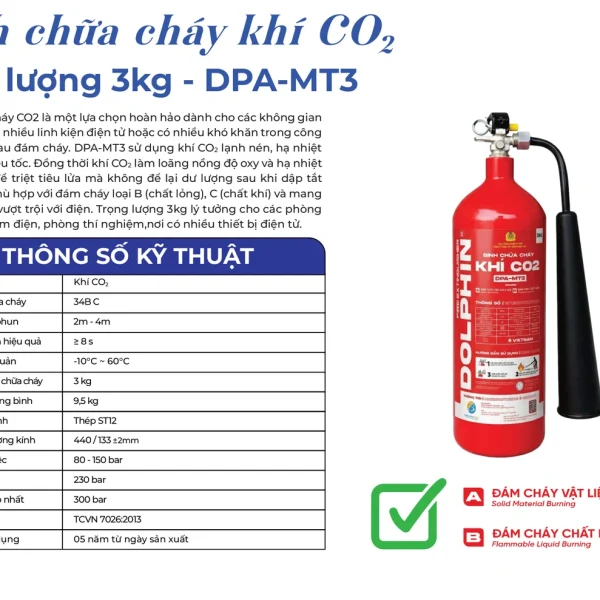 Trang catalogue Dolphin giới thiệu bình chữa cháy CO2 MT3 3kg Dolphin DPA-MT3 và bảng thông số kỹ thuật